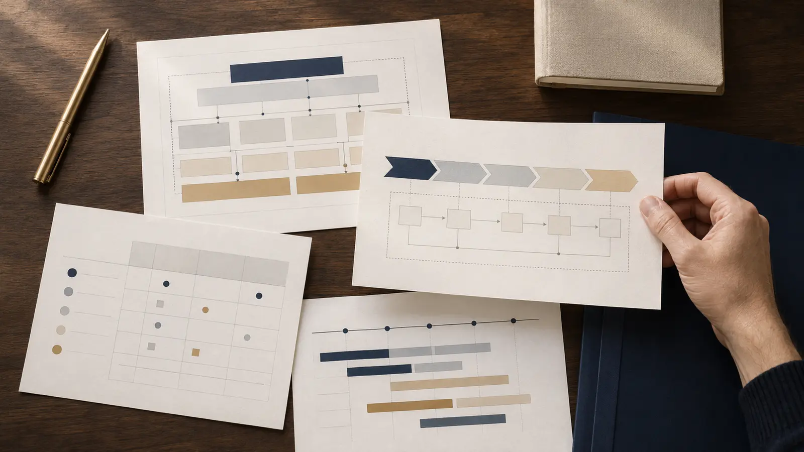 A practitioner reviewing a process map, roadmap, assessment matrix, and architecture materials