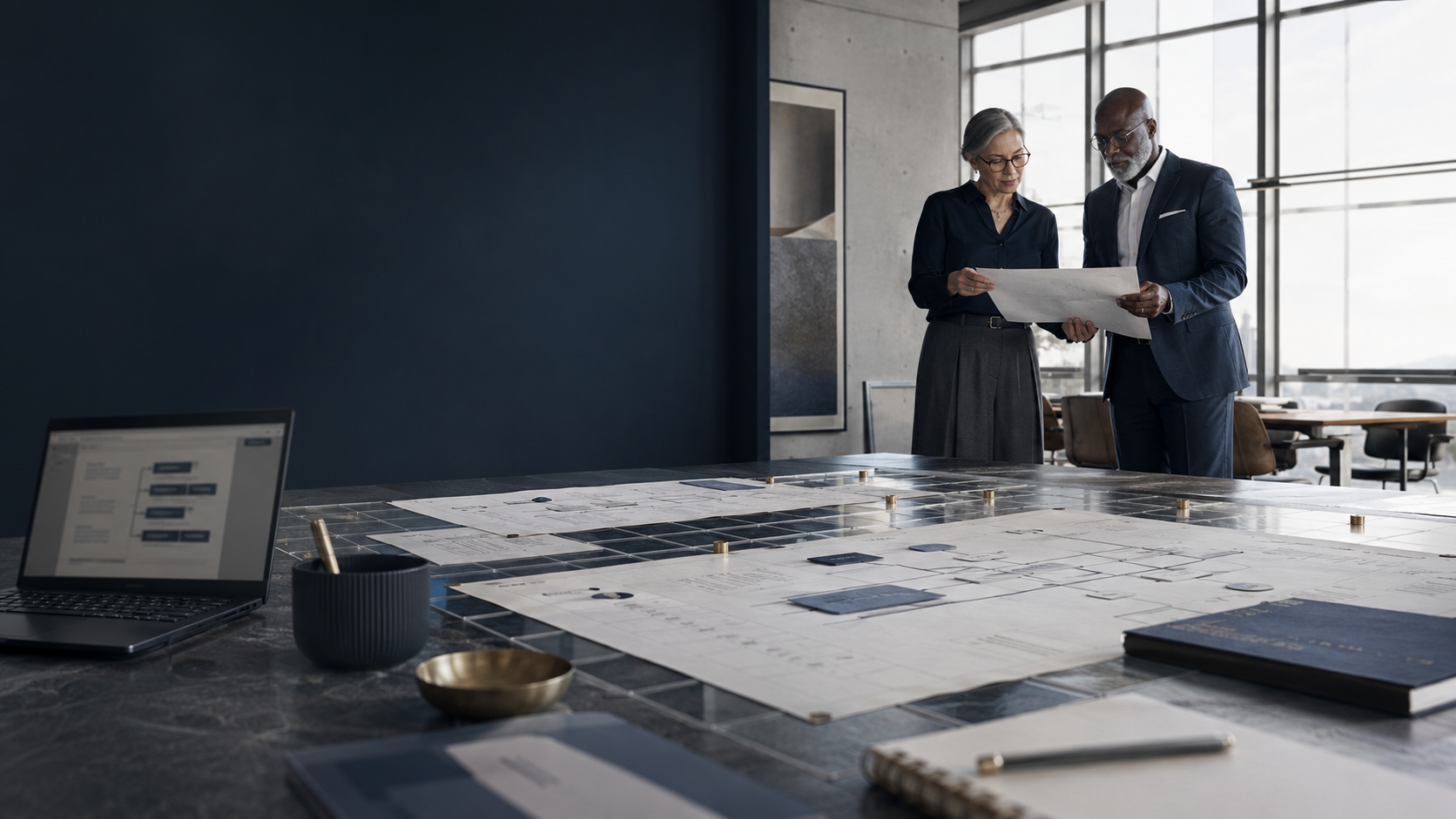 Senior leaders reviewing a client delivery plan in a project room
