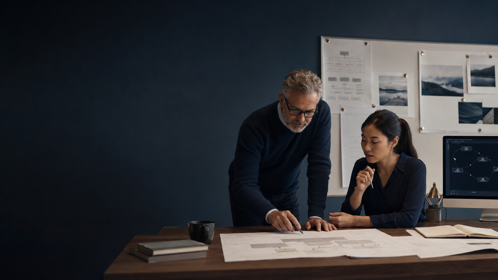 Senior AI delivery professionals collaborating around structured client evidence and architecture materials